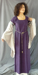 Gown ID:G731, Gown Color:Dusty Dark Purple with Grey sleeves, Style:12th Century, Sleeve:Long Drop Sleeve in grey polyester with Tapestry Hunt trim at bicep, Trim:Tapestry Hunt trim at bicep, Neckline Type:Ballet, Fabric:Moleskin, Sleeve Length:30", Back Length:56".