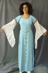Gown ID:G732, Gown Color:Baby Blue / Sky Blue with sheer Georgette sleeves, Style:12th Century, Sleeve:Long Georgette Drop Sleeve with Stylized Swirl brown trim at bicep, Trim:Stylized Swirl brown trim at bicep, Neckline Type:Ballet, Fabric:Moleskin [Note price reduction due to a small pull on right side of gown. See details], Sleeve Length:27", Back Length:57".