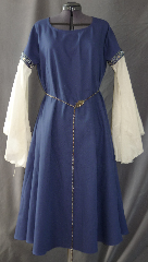 Gown ID:G735, Gown Color:Blue, Style:12th Century, Sleeve:Long Drop Sleeve with 2-Tone Blue Floral trim at bicep, Trim:2-Tone Blue Floral trim at bicep, Neckline Type:Scoop, Fabric:Cotton Twill, Sleeve Length:29", Back Length:45".