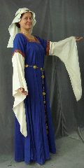 Gown ID:G736, Gown Color:Royal Blue, Style:12th Century, Sleeve:Long Drop Sleeve in natural unbleached cotton with chevron trim at bicep, Trim:Chevron Trim on neckline and bicep., Neckline Type:Square, Fabric:Linen / Cotton, Sleeve Length:30", Back Length:57.5.