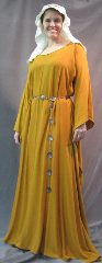 Gown ID:G742, Gown Color:Mustard Yellow, Style:12th Century, Sleeve:Long drop sleeve, Trim:None, Neckline Type:Ballet, Fabric:Rayon Crepe, Sleeve Length:29.5", Back Length:55".