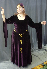 Gown ID:G747, Gown Color:Purple, Style:12th Century, Sleeve:Long drop sleeve, Trim:None, Neckline Type:Scoop, Fabric:stretch velvet, Sleeve Length:32", Back Length:54".