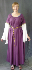 Gown ID:G752, Gown Color:Plum, Style:12th Century<br>(shown with<br> Diamond Shield Plaque<br>Belt BT0014BZ<br>NOT included), Sleeve:Long Drop Sleeve in white cotton with <br>Byzantine trim at bicep, Trim:Byzantine trim at bicep, Neckline Type:Scoop, Fabric:Fine Cotton Spandex, Sleeve Length:33", Back Length:58.5".
