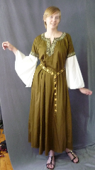Gown ID:G754, Gown Color:Olive Brown, Style:12th Century<br>(shown with<br> Diamond Shield Plaque<br>Belt BT0014BZ<br>NOT included), Sleeve:Long Drop Sleeve in white cotton with <br>Cross trim at bicep and Keyhole, Trim:Cross trim at bicep and Keyhole, Neckline Type:Keyhole, Fabric:Cotton Sateen, Sleeve Length:29", Back Length:53".