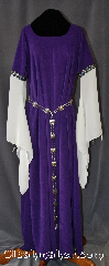 Gown ID:G761, Gown Color:Purple, Style:12th Century<br>(shown with<br>Holly Leaf Plaque<br>Belt BT0033BZ-ST<br>NOT included), Sleeve:Long Drop Slit Sleeve in white<br> with ribbon ties with<br>Stylized Swirl Gold and Blue<br>trim at bicep, Trim:Stylized Swirl Gold and Blue<br>trim at bicep, Neckline Type:Ballet, Fabric:Polyester Moleskin, Sleeve Length:33", Back Length:59".