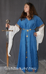 Gown ID:G765, Gown Color:Blue, Style:12th Century<br>(shown with<br>CT190155TH circlet &<br>Quatre Foil Plaque Belt<br>BT0016BZ<br>sold separately), Sleeve:Long Drop White cotton Sleeve<br>with Byzantine Circles, Wide<br> with gold metallic thread<br>trim at bicep, Trim:Byzantine Circles, Wide with gold metallic thread trim at bicep, Neckline Type:V-Neck, Fabric:100% Linen with cotton sleeves, Sleeve Length:33", Back Length:55".
