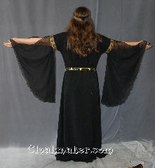 Gown ID:G766, Gown Color:Black, Style:12th Century<br>(shown with<br>CT380422GG circlet &<br>Quatre Foil Plaque Belt<br>BT0016BZ<br>sold separately), Sleeve:Long Drop black polyester Sleeve<br>with Tapestry Roses Gold on Black<br>trim at bicep, Trim:Tapestry Roses Gold on Black trim at bicep, Neckline Type:Scoop, Fabric:Cotton with polyester sleeves<br>Dry Clean Only, Sleeve Length:25", Back Length:54".
