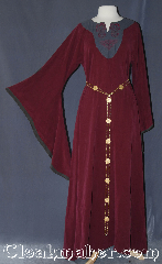 Gown ID:G767, Gown Color:Maroon, Style:12th Century, Sleeve:Long drop sleeve with grey edging, Trim:Horse knot embroidery<br>on bodice<br>no additional trim, Neckline Type:Keyhole with black contrast fabric<br>and knot embroidery, Fabric:Rayon Tensile<br>Machine washable, Sleeve Length:28.5", Back Length:56.5".