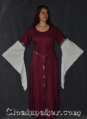 Gown ID:G916, Gown Color:Orchid Purple, Style:12th Century<br>(circlet and Simple Oak Leaves<br>Chain Belt Item<br>#BT0013ST not included ), Sleeve:Long Drop White Sleeve<br>with Stylized Swirl<br>Gold & Blue trim<br>on bicep, Trim:Stylized Swirl Gold & Blue trim on bicep, Neckline Type:Scoop, Fabric:Linen<br>Machine Washable, Sleeve Length:31", Back Length:60".