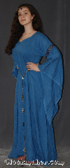 Gown ID:G918, Gown Color:Blue, Style:12th Century<br>(Pictured with circlet ct370213AU<br>and belt BT0013ST<br>sold separately), Sleeve:Long Drop Sleeve with<br>Florentine  Silver, Blue & Red<br>trim on bicep, Trim:Florentine  Silver, Blue & Red<br>trim on bicep, Neckline Type:V-Neck, Fabric:Linen, Sleeve Length:29", Back Length:52.5".