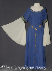 Gown ID:G927, Gown Color:Periwinkle blue, Style:12th Century<br>(shown with<br>Alternating Quatrefoil<br>and Sun Filigris Chain belt<br>Belt #BT00066<br>sold separately), Sleeve:Cream yellow bell organza, Trim:Blue Gold floral box<br>Gold braid on neck, Neckline Type:Scoop with gold braid, Fabric:Rayon Poly Twill, Sleeve Length:36", Back Length:53".