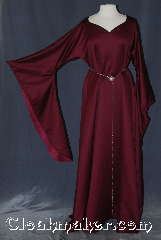 Gown ID:G928, Gown Color:Maroon, Style:12th Century<br>with belt #BT0016BZ-ST<br>sold separately, Sleeve:Long Drop Sleeve with<br>Maroon detail at sleeve edge, Trim:Maroon detail at sleeve edge, Neckline Type:V-Neck with black bias trim, Fabric:slight scattered pilling<br>Machine washable line dry, Sleeve Length:30", Back Length:59".