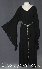 Gown ID:G929, Gown Color:Black, Style:12th Century<br>(shown with belt #BTR0001BZ<br>sold separately), Sleeve:Black drop sleeve, Trim:Pick your own / TBD, Neckline Type:V-Neck, Fabric:Wool Rayon twill, Sleeve Length:32", Back Length:54.5".