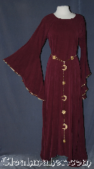 Gown ID:G931, Gown Color:Maroon, Style:12th Century, Sleeve:Long drop, Trim:Maroon gold braid, Neckline Type:scoop, Fabric:Rayon Tensile<br>Machine washable, Sleeve Length:29", Back Length:53".