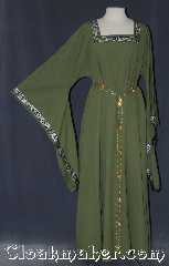 Gown ID:G932, Gown Color:Green woven spots, Style:12th Century, Sleeve:long drop, Trim:Black, gold silver celtic beasties, Neckline Type:Square, Fabric:Cotton<br>Machine washable, Sleeve Length:29", Back Length:55".