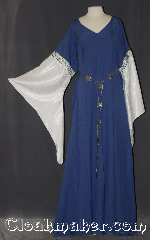 Gown ID:G933, Gown Color:periwinkle/purple, Style:12th Century<br>(shown with<br>Diamond Filigris Chain belt<br>Belt #BT00078ST<br>sold separately), Sleeve:water shimmer white long drop, Trim:Elizabethan Floral gold blue, Neckline Type:V-Neck, Fabric:Linen<br>Machine washable, Sleeve Length:35", Back Length:60".