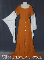 Gown ID:G934, Gown Color:Turmeric, Style:12th Century<br>(shown with<br>Alternating Quatrefoil<br>and Sun Filigris Chain belt<br>Belt #BT00066<br>sold separately), Sleeve:water shimmer white long drop, Trim:Paisley Dancing on the Mountain, Neckline Type:Scoop, Fabric:Wool Rayon, Sleeve Length:30", Back Length:51".