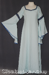 Gown ID:G935, Gown Color:light Green/ blue, Style:12th Century, Sleeve:long drop blue bias, Trim:Florentine, Narrow Silver blue, & red, Neckline Type:Square sweetheart, Fabric:Linen<br>Machine washable, Sleeve Length:30", Back Length:57".