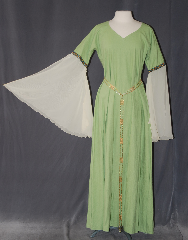 Gown ID:G938, Gown Color:light green, Style:12th Century, Sleeve:Angel recurve open yellow organza, Trim:Running Mosaic Vine Gold/Blue, Neckline Type:V-Neck, Fabric:Linen<br>Machine washable, Sleeve Length:30", Back Length:58".