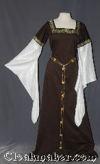 Gown ID:G940, Gown Color:Gold, Green, White, Brown, Style:12th Century<br>(shown with<br>Alternating Quatrefoil<br>and Shield Filigris Chain belt<br>Item #BT00067<br>sold separately), Sleeve:water shimmer white long drop, Trim:Cross Gold, Green, White, Brown, Neckline Type:Square, Fabric:Cotton lycra Sateen, Sleeve Length:30", Back Length:63".