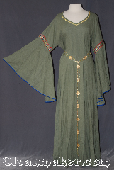 Gown ID:G941, Gown Color:green, Style:12th Century<br>(shown with<br>Alternating Rosett and gate<br>Chain belt Item #BT5792-3849<br>sold separately), Sleeve:Angel recurve blue bias, Trim:Byzantine Circles, Wide gold, Neckline Type:V-Neck with gold braid, Fabric:Linen<br>Machine washable, Sleeve Length:34", Back Length:59".