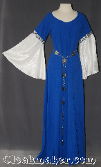 Gown ID:G942, Gown Color:blue gold silver, Style:12th Century<br>(shown with<br>Diamond Filigris Chain belt<br>Belt #BT00078ST<br>sold separately), Sleeve:Angel recurve water shimmer white, Trim:Celtic beasties Blue/Gold/Silver, Neckline Type:Scoop, Fabric:Linen<br>Machine washable, Sleeve Length:29", Back Length:59".