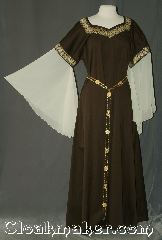 Gown ID:G943, Gown Color:Brown gold black, Style:12th Century<br>(shown with Alternating<br>Rosett and gate<br>Chain belt Item<br> #BT5792-3849<br>sold separately), Sleeve:Angel recurve<br>antique white organza, Trim:Hearts & Diamonds<br>Wide Gold & Black<br>on neck and bicep, Neckline Type:Square V, Fabric:Cotton lycra Sateen, Sleeve Length:31", Back Length:57".