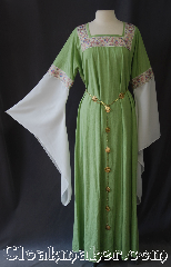 Gown ID:G944, Gown Color:Light Green, Style:12th Century<br>(shown with Alternating<br>Quatrefoil and Sun Filigris<br>Chain Belt #BT00066<br>sold separately), Sleeve:Long Drop Sleeve in white organza<br>Stained Glass Pink and White<br>trim on bicep, Trim:Stained Glass Pink and White<br>on neck and bicep, Neckline Type:Square with Stained Glass<br>Pink and White trim, Fabric:Linen<br>Machine Washable, Sleeve Length:35", Back Length:57".