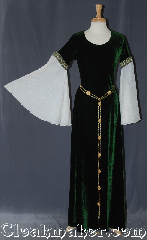 Gown ID:G947, Gown Color:Green, Style:12th Century<br>(shown with<br>Rosett Belt Item #BT3849 <br>sold separately), Sleeve:Angel recurve antique white crushed, Trim:Cross trim at bicep, Neckline Type:Scoop, Fabric:Stretch velvet, Sleeve Length:34", Back Length:58".