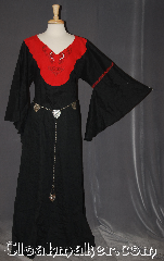 Gown ID:G951, Gown Color:Black Red, Style:12th Century, Sleeve:medium bell sleeve, Neckline Type:V-Neck with red collar celtic horse,<br>dragon, and knot embroidery, Fabric:Cotton, Sleeve Length:30", Back Length:56".