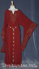 Gown ID:G952, Gown Color:Red, Style:12th Century, Sleeve:Long Drop sleeve, Trim:maroon tan brocade, Neckline Type:V-Neck with matching brocade, Fabric:Rayon, Sleeve Length:29", Back Length:58".