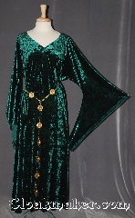 Gown ID:G953, Gown Color:Green, Style:12th Century, Sleeve:Long Drop sleeve<br>with Celtic knotwork<br>(new picture to come), Trim:Celtic knotwork trim on sleeve<br>not shown<br>new picture to come, Neckline Type:V-Neck, Fabric:Crushed Velvet stretch, Back Length:53".