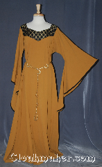 Gown ID:G955, Gown Color:Turmeric, Style:12th Century, Sleeve:Long Drop sleeve, Trim:black tan diamond brocade<br>trim on neckline, Neckline Type:Square  V-neck with black tan<br>diamond brocade trim, Fabric:Wool Suiting, Back Length:59".