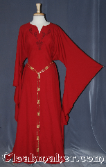 Gown ID:G956, Gown Color:Red, Style:12th Century, Sleeve:Long Drop sleeve, Neckline Type:V-Neck with red collar<br>celtic dragons embroidery, Fabric:Wool Suiting, Back Length:57.5".