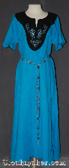 Gown ID:G961, Gown Color:Blue, Style:12th Century, Sleeve:Short, Trim:Celtic Horse<br>and knot embroidery, Neckline Type:V-Neck with Green Collar, Fabric:Linen<br>Machine Washable, Back Length:55".
