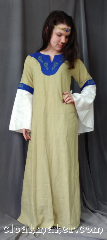 Gown ID:G965, Gown Color:Green with Blue Collar, Style:12th Century, Sleeve:Recurve sleeve, Trim:Green dragon embroidery<br>white recurve sleeves with<br>matching inset fabric<br>with blue knotwork<br>embroidered stripe, Neckline Type:Keyhole, Fabric:Linen, Sleeve Length:29", Back Length:51".