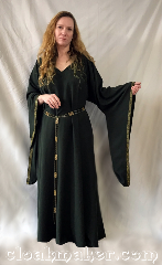 Gown ID:G970, Gown Color:Hunter Green, Style:12th Century, Sleeve:drop sleeve, Trim:green and gold lozenge trim, Neckline Type:v neck, Fabric:polyester, Sleeve Length:31", Back Length:54".