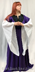 Gown ID:G974, Gown Color:Purple with black collar, Style:12th Century<br>Purple dragon embroidery, Sleeve:white drop sleeves, Trim:Purple and black medium<br>3 strand celtic braid, Neckline Type:keyhole, Fabric:100% linen, Sleeve Length:29", Back Length:55".