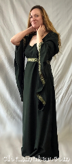 Gown ID:G975, Gown Color:Hunter Green, Style:12th Century, Sleeve:drop sleeve, Trim:brown with green gold cross trim, Neckline Type:boat neck, Fabric:polyester, Sleeve Length:29", Back Length:55".