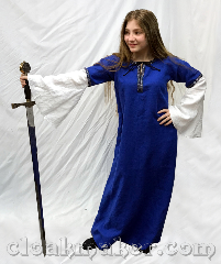 Gown ID:G977, Gown Color:navy blue, Style:12th Century, Sleeve:white sleeves, Trim:Florentine, Silver<br>Blue/Red + Florentine,<br>Narrow Silver, blue, & red, Neckline Type:deep keyhole neckline with ties, Fabric:100% linen, Sleeve Length:31", Back Length:51".