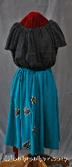 Skirt:K328, Skirt Color:Teal, Skirt Style:A Line<br>Teal green with<br>black & silver<br>applique leaves, Fiber:Silk, Length:27", Waist:33".