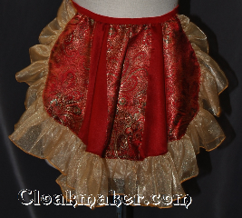 Skirt:KB019, Skirt Color:Paneled Red gold green Brocade<br>and red with gold shimmer ruffle, Skirt Style:Bustle<br>Hand wash or dry clean only, Fiber:Polyester, Length:up to 14", Waist:Panel 13".