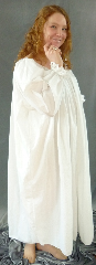 Chemise:P329, Chemise Color:White, Neck Style:Drawstring, gathered, Sleeve Style:Long sleeves<br>gathered cuff lace ends, Fiber:Cotton Muslin, Hip:120", Arm:21", Length:45".