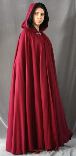 A lady's deep red full circle wool cloak with a black lined hood and a clasp at the neck, which can be made in fleece and other fabrics.