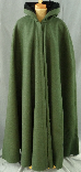 An olive green winter weight shape shoulder wool cloak with a black cotton velveteen hood lining.
