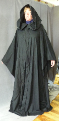 Robe:R246, Robe Style:Sith or Holocaust Style Cloak, Robe Color:Black, Front/Collar:Hooded with Black cloth-covered hook and eye, Fiber:Flat Weave Light Weight Wool, Neck:26", Sleeve:34", Chest:Up to 48", Length:66.5", Height:Up to 6' 6".
