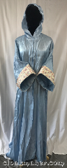 Robe:R318, Robe Style:Blue Shimmer Wizard Robe, Robe Color:Blue Shimmer, Fiber:Polyester Rayon, Sleeve:32', Chest:Up to 50", Length:54", Height:Up to 5'4", Note:A magical garment<br>made of a light weight<br>shimmer polyester<br>rayon blend.<br>Ideal for summer events,<br> cermonies and<br>indoor celebrations.<br>Note the hood is<br>on the smaller side.<br>Machine wash<br> gentle line dry..