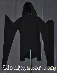Robe:R322, Robe Style:Short Druid / Elven robe, Robe Color:Black, Fiber:Synthetic Poly Suiting, Neck:25.5", Sleeve:28", Chest:up to 68", Length:42", Note:Machine washable<br>this lightweight<br>fanciful garment<br>can be used as a<br>dramatic coat or<br>youth robe.<br>With a black enameled<br>modern rope clasp<br>and dramatic<br>pointed sleeves.<br>Perfect for a fall evening<br>or indoor event..