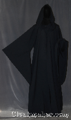 Robe:R338, Robe Style:Sith or Holocaust Style Cloak, Robe Color:Navy Blue almost Black, Fiber:Wool blend Suiting, Neck:24", Sleeve:36", Chest:Up to 54", Length:65", Height:Up to 6' 4". Can be shortened, Note:Lightweight and easy care,<br>in a nearly black navy,<br>a great piece of spring outerwear.<br>Made with a breathable wool blend<br>suiting with hidden clasp, <br>makes a great accessory for everyday wear,<br> LARP or Renaissance Fair.<br>The Robe is machine washable!.
