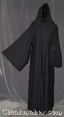 Robe:R349, Robe Style:Sith or Holocaust Style Cloak, Robe Color:Black onyx, Fiber:Wool blend Suiting<br>Machine washable, Neck:22", Sleeve:37", Chest:Up to 45", Length:64", Note:Smooth and resilient this<br>black diamond weave wool<br>blend robe is comfortable for<br>whatever you need to do.<br> Machine Washable.